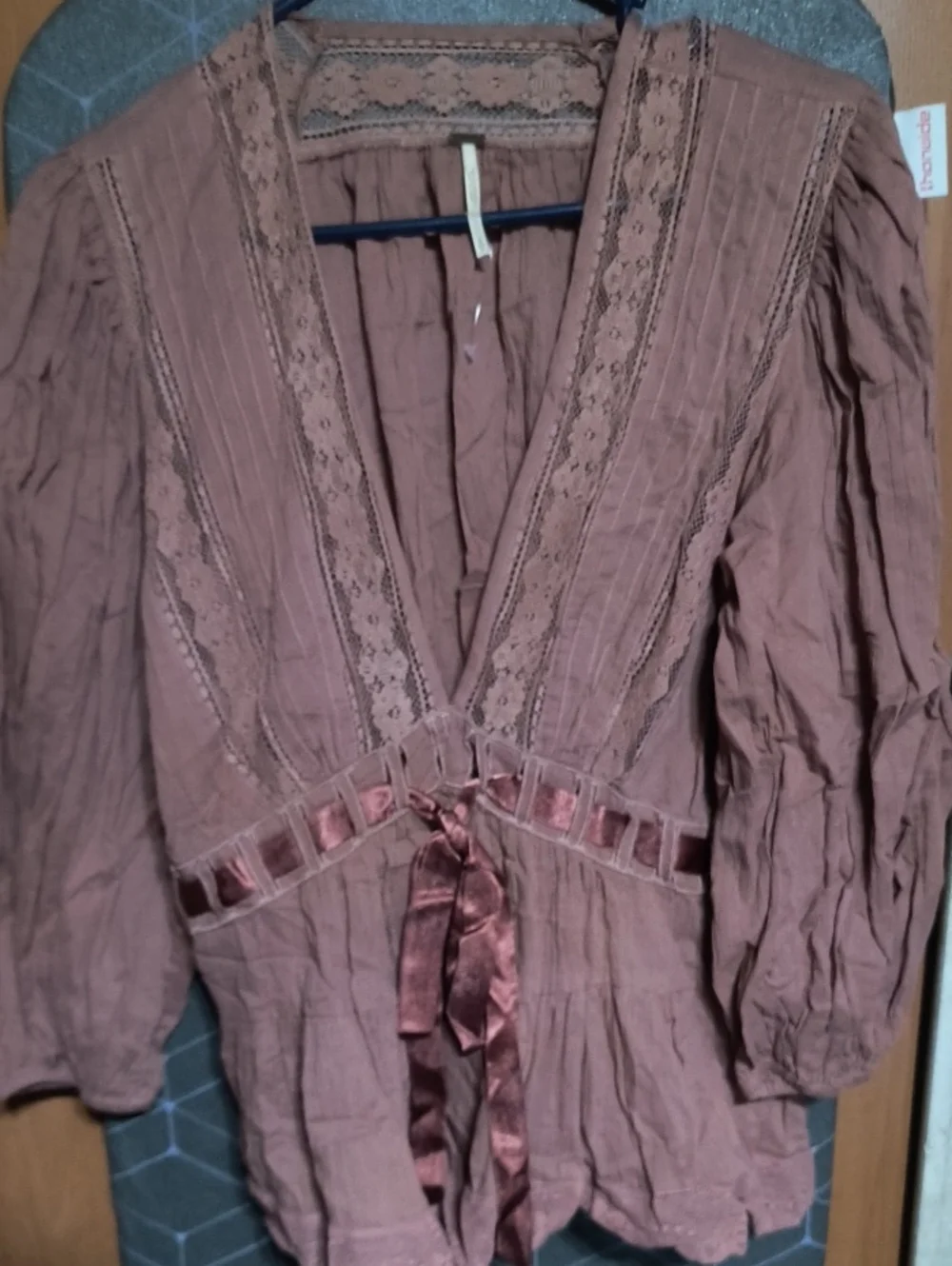 Free People Dusty Rose Lace-Trim Peasant Top with Satin Tie